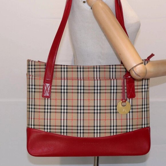 BURBERRY Nova Check Tote Bag Canvas Beige Red Auth - Picture 1 of 15